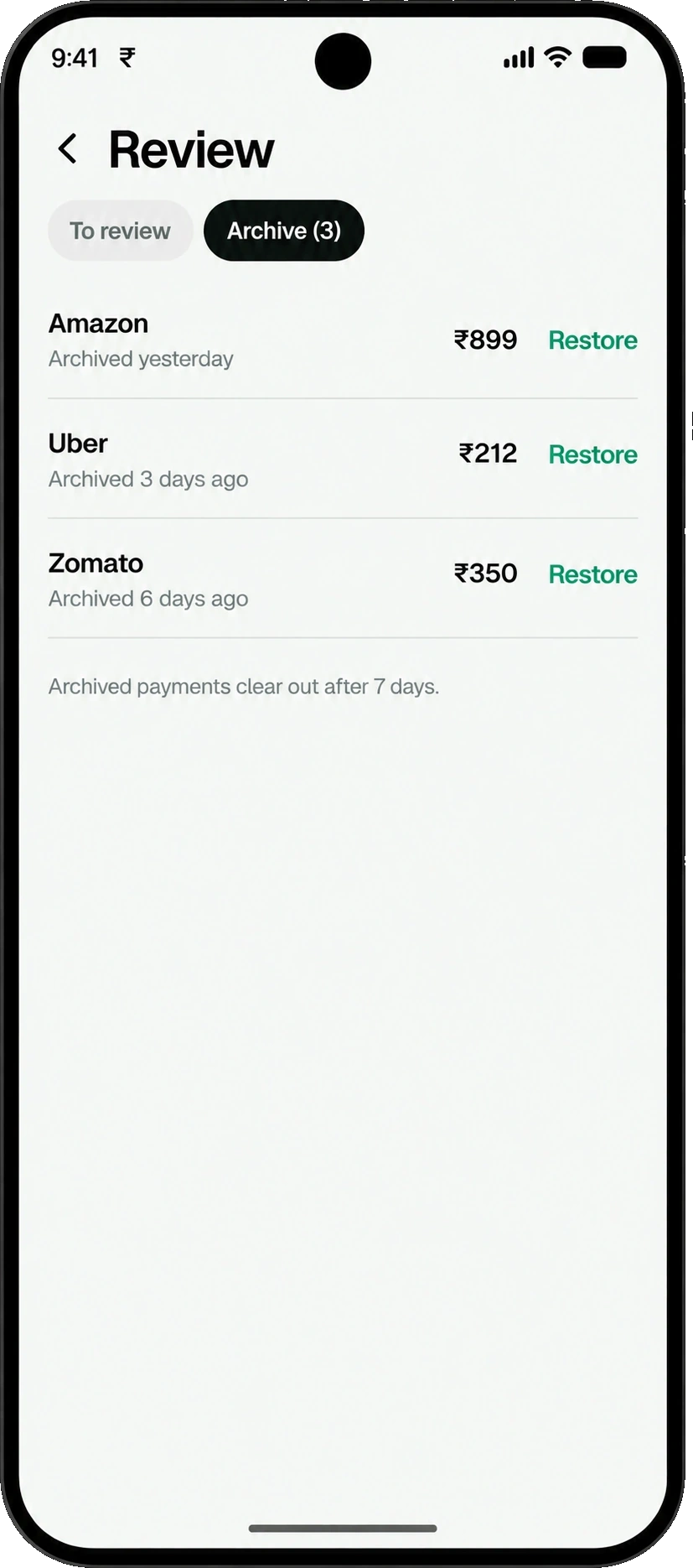 Spenrol Archive tab listing three payments archived in the last 7 days, each with a Restore button