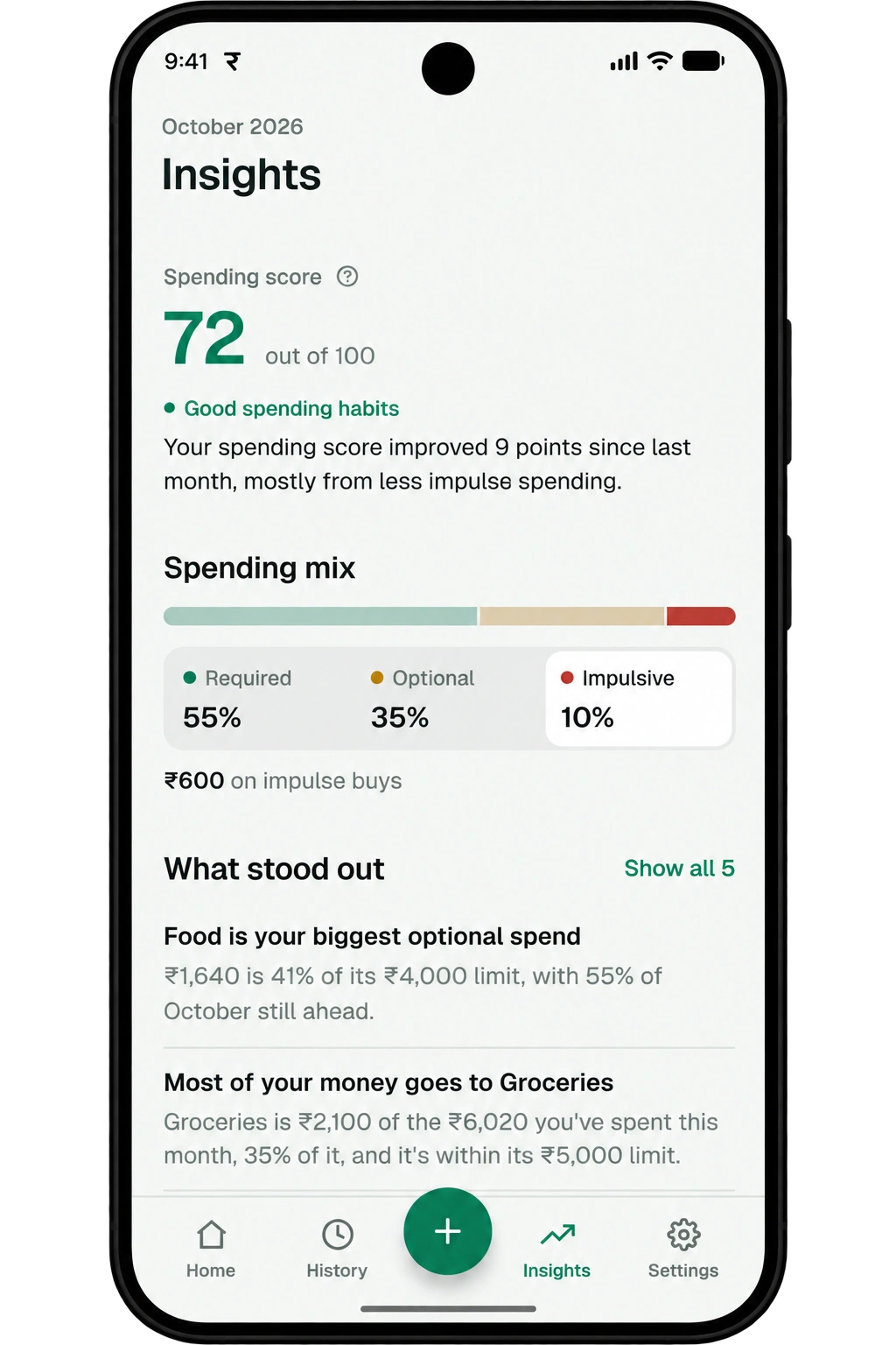 Spenrol insights screen: spending score 72 out of 100 with plain-language insights about your month