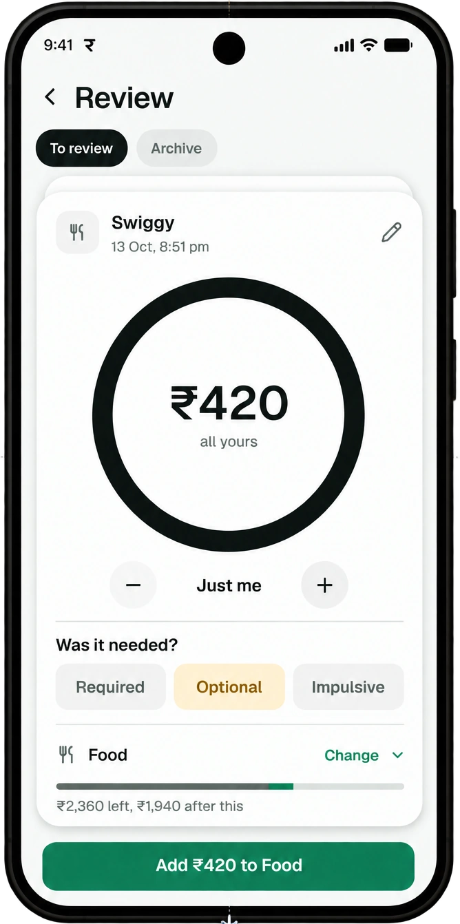 Spenrol Review screen: a ₹420 Swiggy payment found from a bank alert, tagged Optional and ready to add to Food