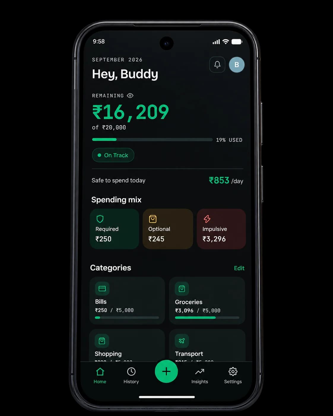 Spenrol home screen: ₹16,209 remaining of ₹20,000, 19% used, on track, ₹853 safe to spend today, spending mix Required ₹250, Optional ₹245, Impulsive ₹3,296