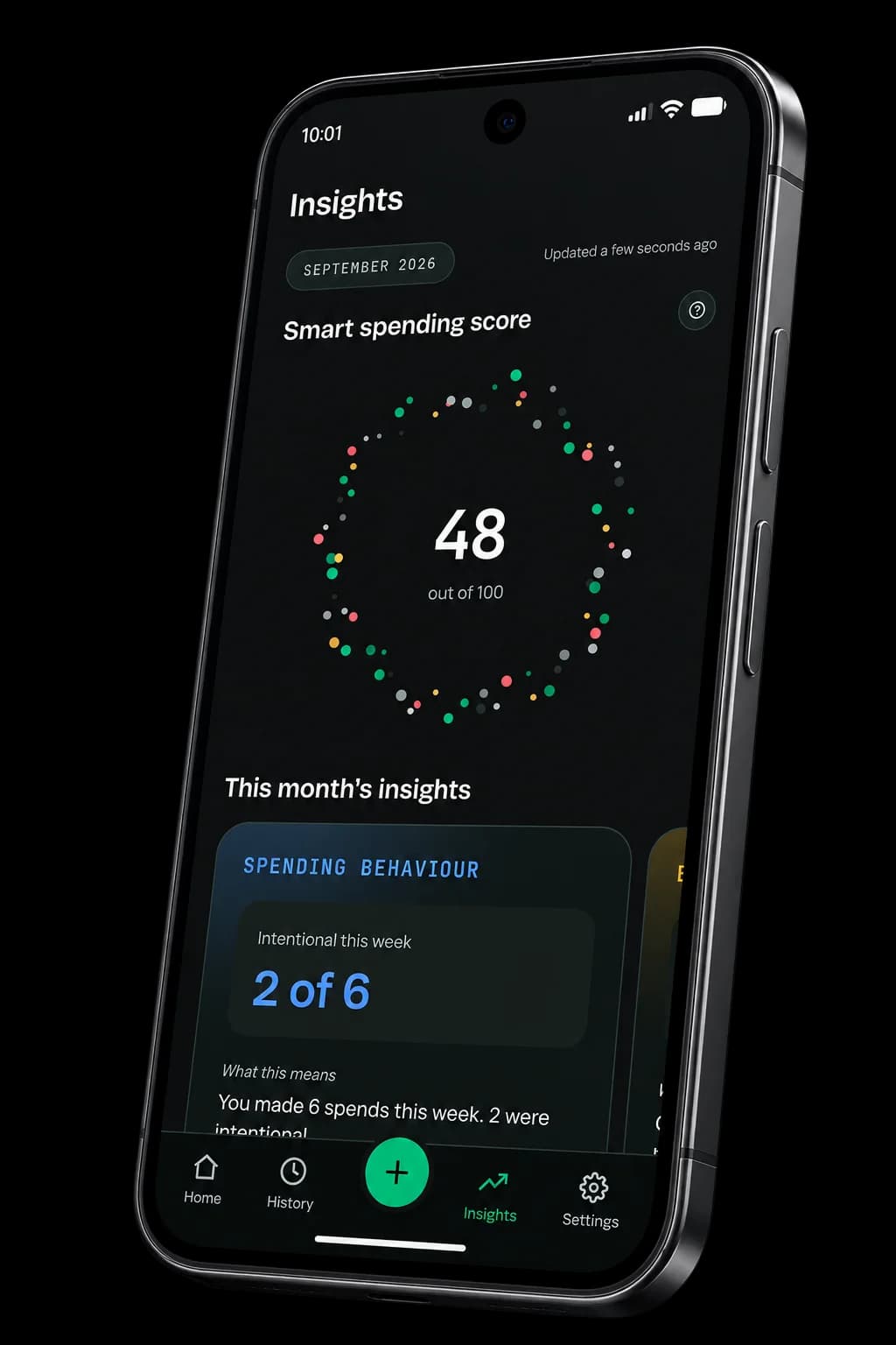 Spenrol insights screen: Smart Spending Score 48 out of 100, 2 of 6 spends intentional this week
